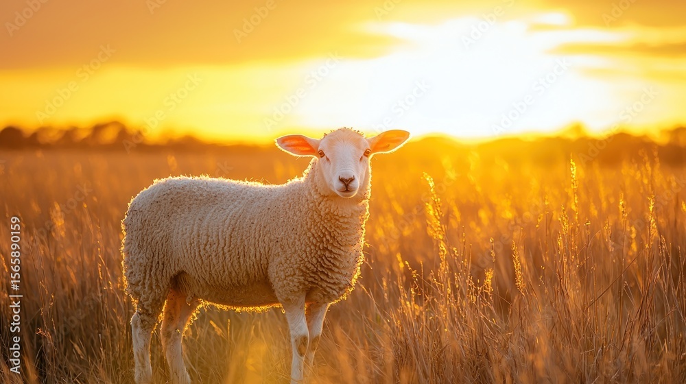 Obraz premium A sheep standing in a field of tall grass at sunset.