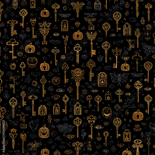 Elegant Halloween seamless pattern with vintage mystical keys, all-seeing eyes, pumpkins and occult symbols in gold line art on black background