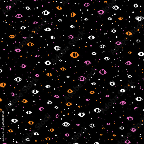Colorful mystical eyes seamless pattern on black background. Perfect spooky Halloween wallpaper with supernatural vibes for digital design and occult themes