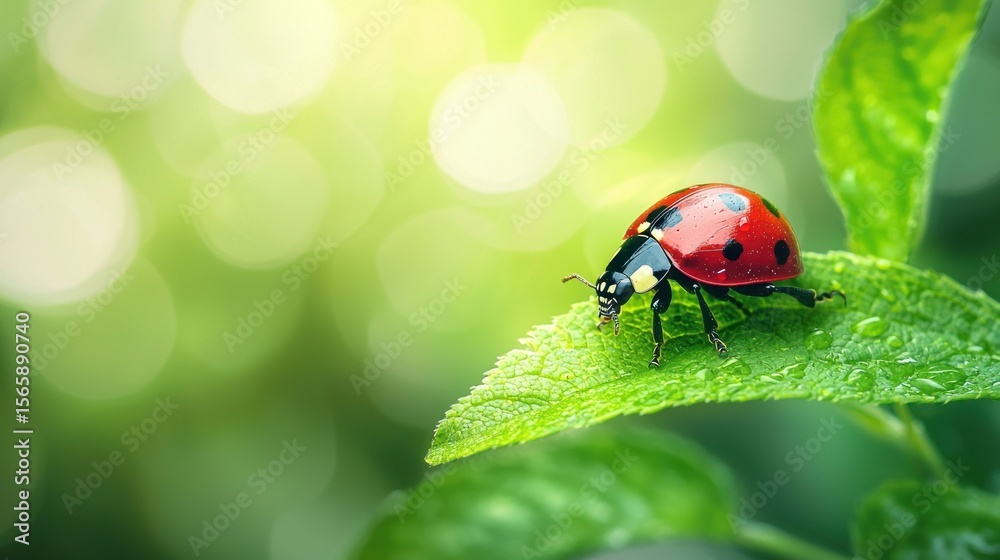 Naklejka premium A red ladybug with black spots on a green leaf, surrounded by blurred greenery and sunlight, with a blurred background of green leaves and bokeh effect.