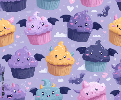 Cute Halloween cupcakes seamless pattern with spooky eyeball toppers and bat wings on pink background, perfect for festive party designs