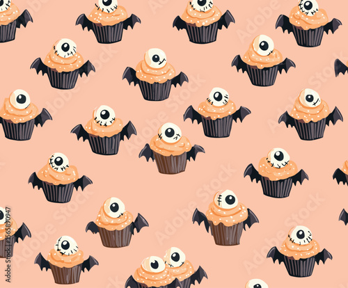 Cute Halloween cupcakes seamless pattern with spooky eyeball toppers and bat wings on pink background, perfect for festive party designs