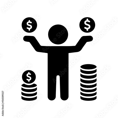 stickman icon, man and money, wealth illustration, stick figures human silhouette with coins, isolated on transparent