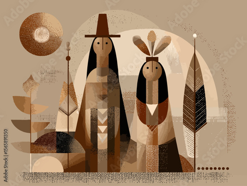 Modern geometric thanksgiving illustration with stylized pilgrims and Native Americans in warm earth tones, perfect for holiday marketing, greeting cards, and seasonal design projects