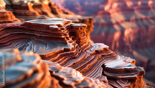 Layered Red Sandstone Formations in a Desert Canyon at Sunset
