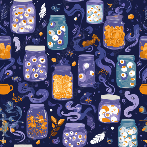 Whimsical Halloween seamless pattern with magical apothecary jars filled with eyeballs, potions and spooky ingredients on dark mystical background