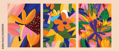 A vibrant triptych of abstract floral art featuring bold shapes and colors