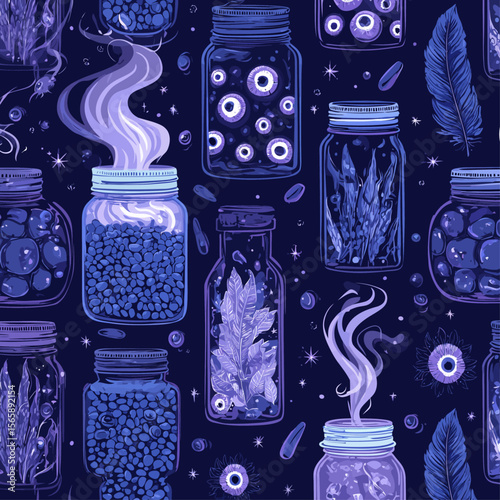 Whimsical Halloween seamless pattern with magical apothecary jars filled with eyeballs, potions and spooky ingredients on dark mystical background