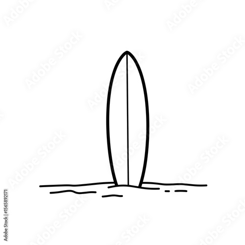 Black-and-white line art of a surfboard standing upright on a beach, with simple wavy lines suggesting sand and ocean vibes in a minimalist style.
