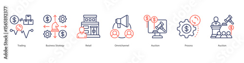 Modern Retail Strategy Icon Set Collection Concept With Icon Of Trading, Business Strategy, Retail, Omnichannel, Auction, Process, Auction