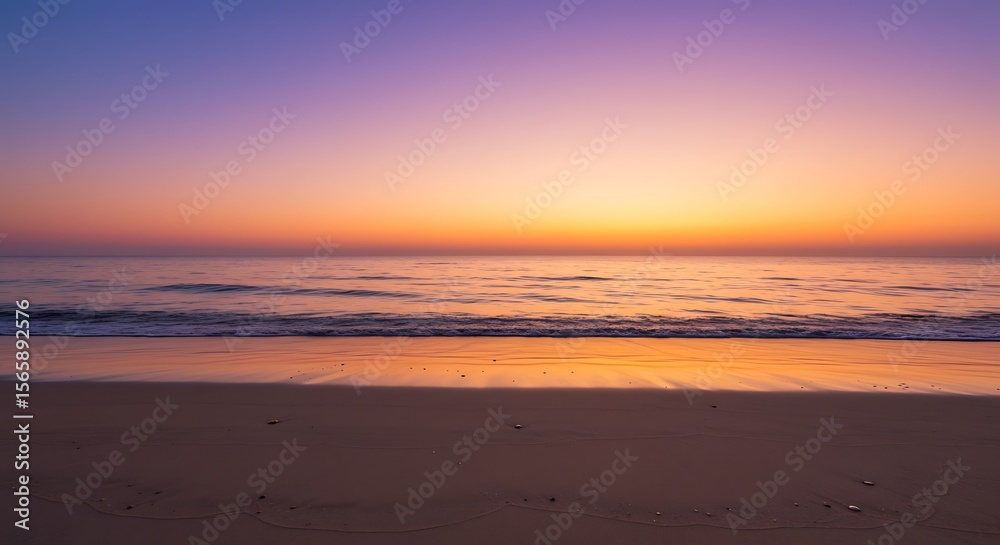 Fototapeta premium Serene Sunrise over Calm Ocean Beach Tranquil Coastal Dawn