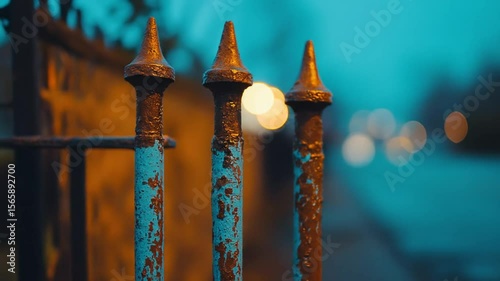 Wrought iron spikes against evening light
