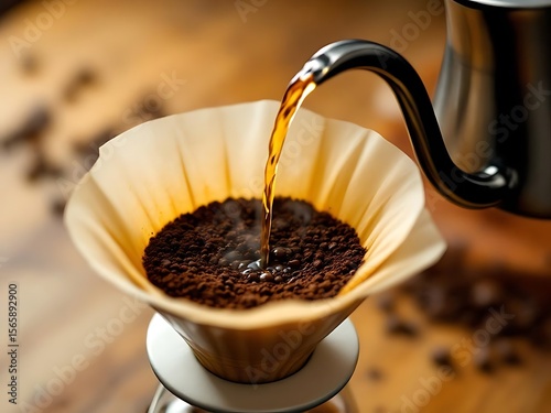 Close-up of manual pour-over coffee brewing with steam and focus on ground beans. Perfect for café visuals, brewing techniques, and lifestyle content