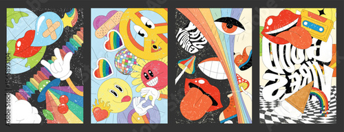 Groovy collage Earth sun eye lips and an ice cream cone in colorful pop art style