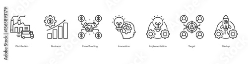 Startup Launch Strategy Icon Set Collection Concept With Icon Of Distribution, Business, Crowdfunding, Innovation, Implementation, Target, Startup
