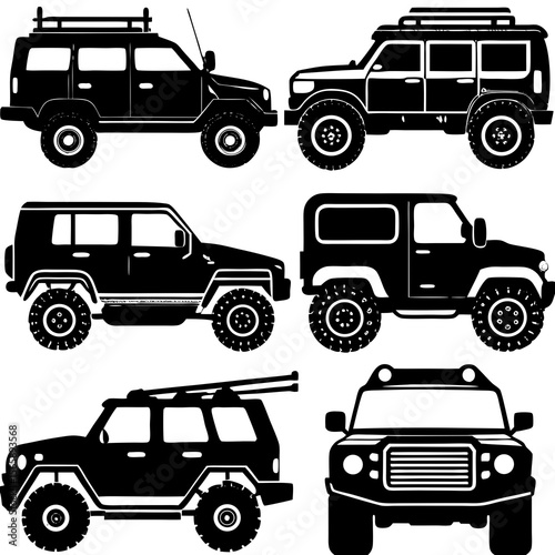 Collection of black silhouette off road vehicles and suvs on white background