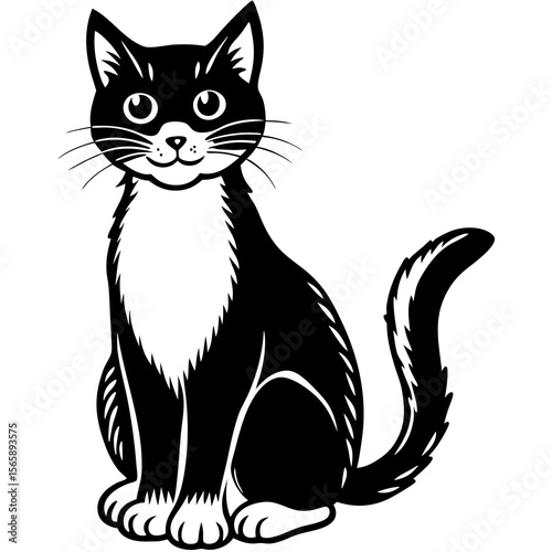 Cute black and white tuxedo cat sitting and looking forward with a happy expression