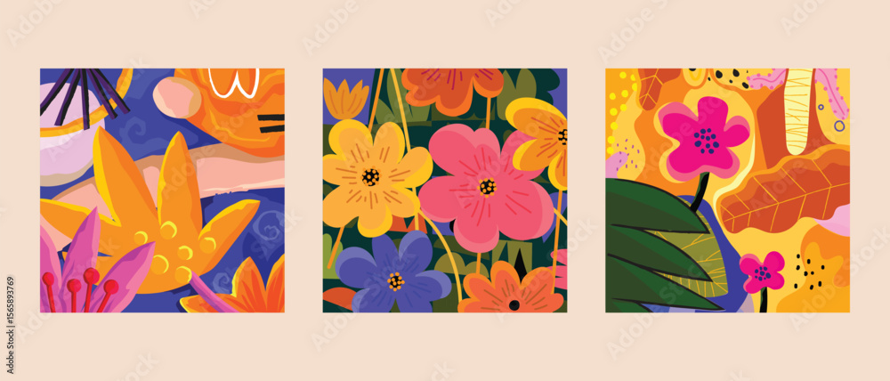 Fototapeta premium Three square floral art panels feature abstract designs with flowers and foliage in various colors on a beige background