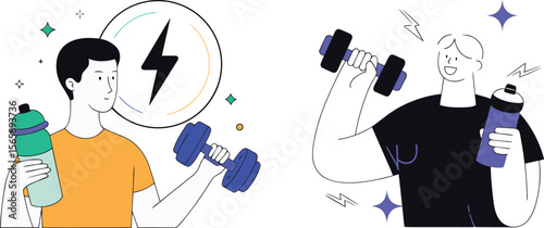 Modern and unique young man in gym or fitness training vector illustration, young man in gym or fitness training vector icon, Gym or fitness editable vector graphics design set