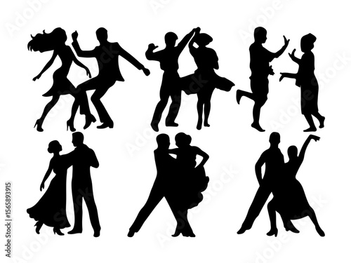 Silhouettes of Dancing Couples Performing Various Dance Styles
