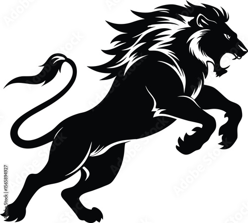 A aggresive lion running pose vector icon silhouette isolated white background
