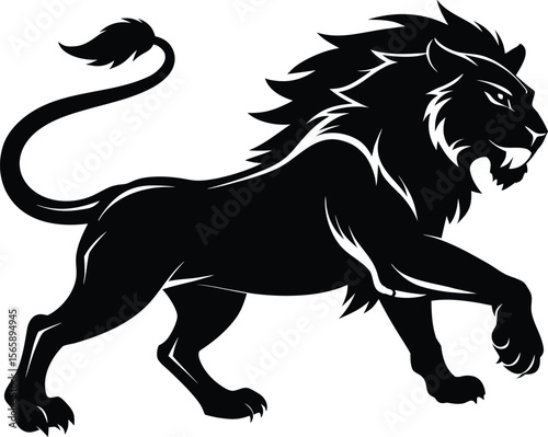 A aggresive lion running pose vector icon silhouette isolated white background
