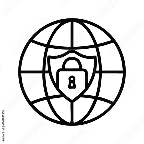 A global network concept featuring a caged earth icon on a metal grid, internet connection a clean minimalist line art illustration of a global security icon silhouette vector on white background