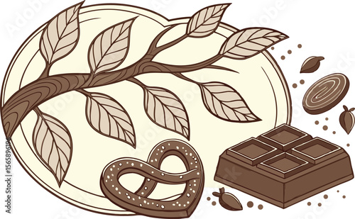 chocolate bar cocoa pretzel leaf branch sweet snack food