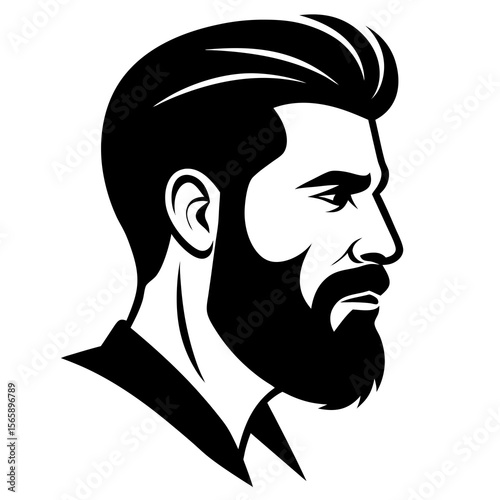Stylized black and white profile silhouette of a bearded man
