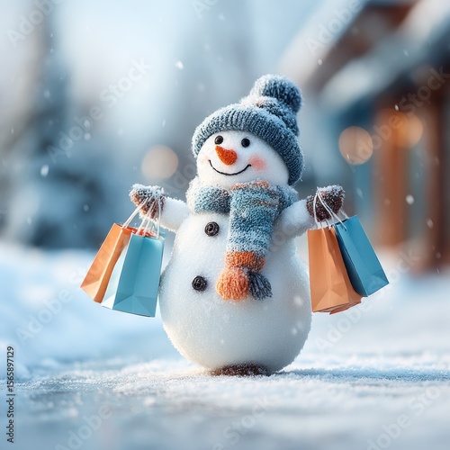 Snowman with shopping bags in snowy scene