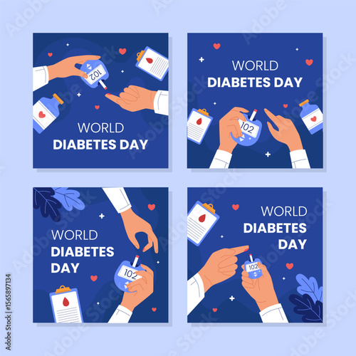 Flat design World Diabetes Day social media template. Clean illustration blood glucose meter, health icons. Perfect for awareness banners, social media, and medical campaigns.