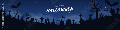 Halloween trick or treat banner with graveyard, cemetery, bats, sky. Autumn holiday design template flat style dark blue, black background. Vector illustration