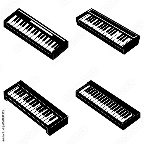 Four isometric views of black and white keyboard musical instruments on a white background illustration