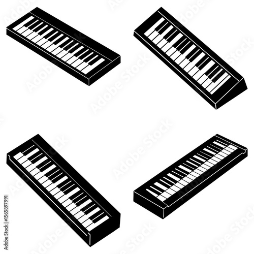 Four isometric black and white keyboard instruments arranged on a white background surface view