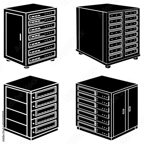 Four black and white server racks with multiple shelves and cabinets in an isometric arrangement style