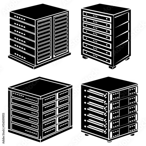 Isometric illustration of four black server racks with multiple layers and detailed panel designs
