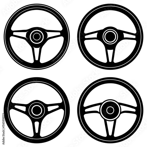 Illustration showing four different designs of steering wheels in a black and white color scheme graphic style