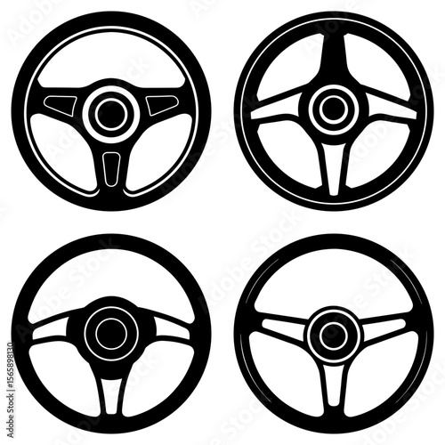 Four black and white steering wheels with different spoke designs arranged in a square format on white