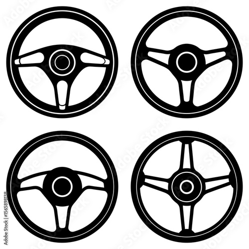 Four steering wheels with different spoke designs in black and white vector illustration style image
