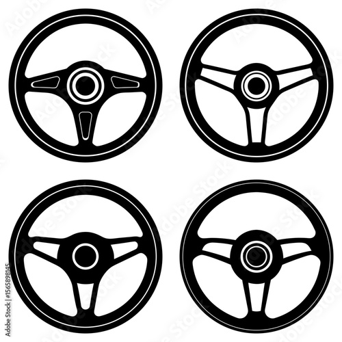Four steering wheels with different spoke designs arranged in a square formation on white background