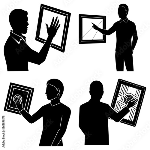 Four silhouettes of men interacting with screens in different ways in a black and white graphic