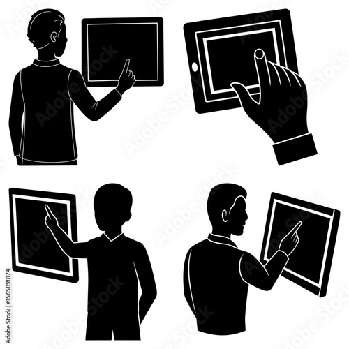 Silhouettes of people interacting with tablets and screens using touch gestures in a monochrome design