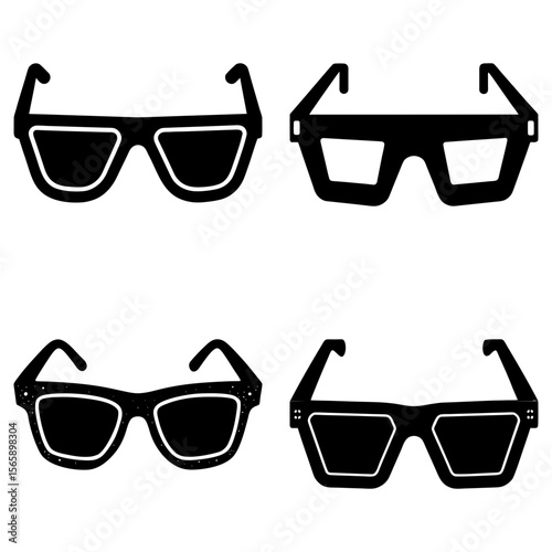 Four different styles of black and white glasses with various frame shapes displayed on a white background