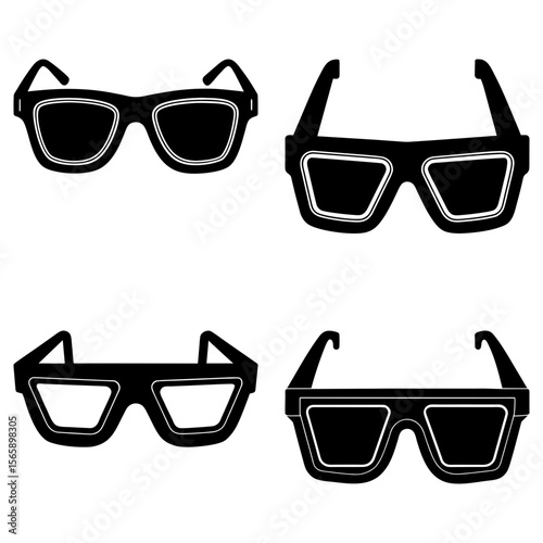 Four pairs of black and white glasses with different frame styles arranged in a square pattern design