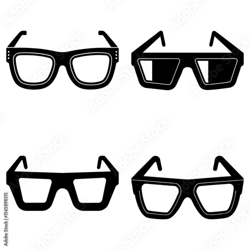 Illustration of four different styles of eyeglasses with thick black frames and clear lenses displayed