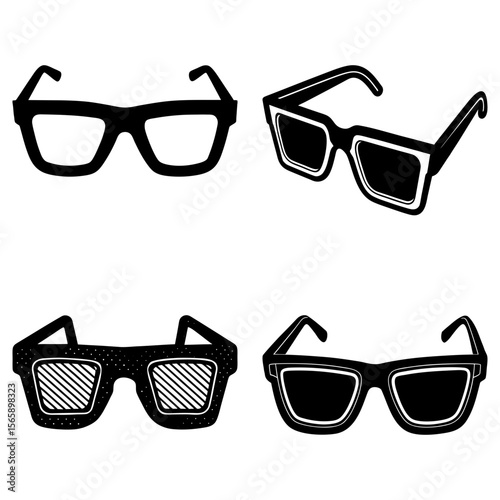 Illustration showing four different styles of black glasses with various lens designs and frame shapes
