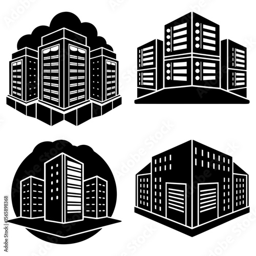Four black and white illustrations of buildings with different architectural styles in a vector format