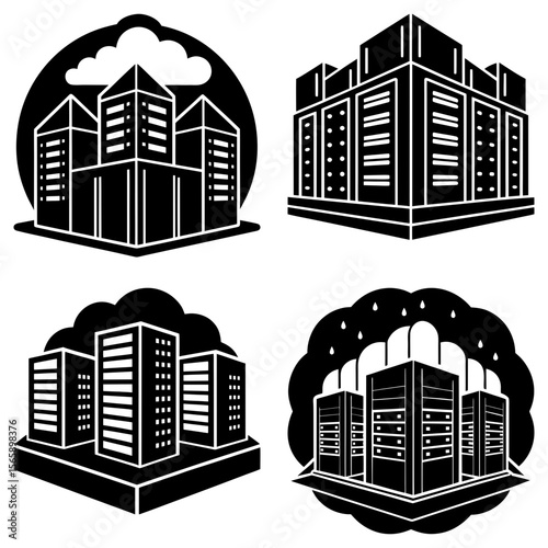 Illustrations of buildings with clouds and rain in black and white vector format for graphic design use