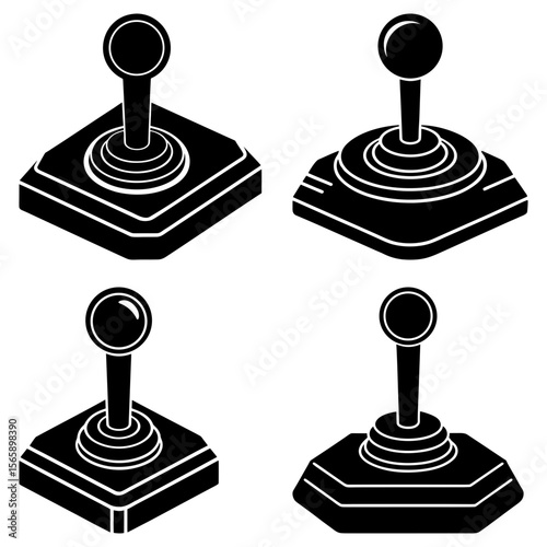 Four black and white isometric illustrations of classic video game joysticks on a white background