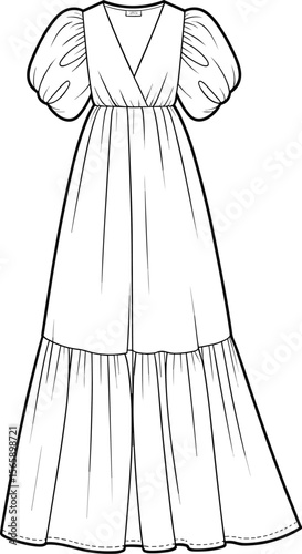 Elegant bohemian puff sleeve maxi dress flat CAD drawing vector illustration with tiered gathered skirt V neckline flowy fashion design